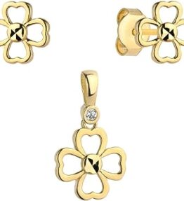 Glänzendes Lumari Gold-Set: Ohrringe und Vierblättriger Kleeblatt-Anhänger in 585er Gold (14k)