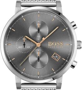 BOSS Chronograph Quarz Uhr für Herren mit Silbernes Edelstahl-Mesh-Gliederarmband - 1513807