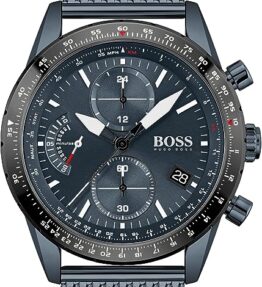 BOSS Chronograph Quarz Uhr für Herren mit Blaues Edelstahl-Mesh-Gliederarmband - 1513887