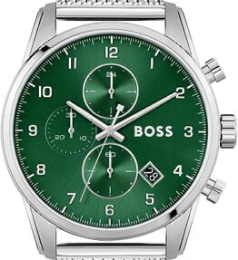 BOSS Chronograph Quarz Uhr für Herren mit Silbernes Edelstahl-Mesh-Gliederarmband - 1513938