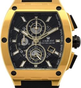 Exquisite LOUIS XVI Herren-Armbanduhr Noblesse Gold Schwarz Tonneau Chronograph Analog Quarz Edelstahl 1023