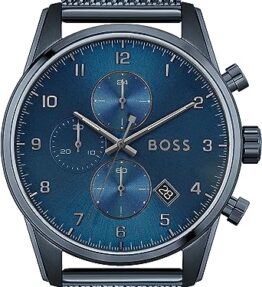 BOSS Chronograph Quarz Uhr für Herren mit Blaues Edelstahl-Mesh-Gliederarmband - 1513836