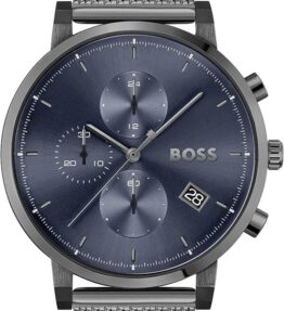 BOSS Chronograph Quarz Uhr für Herren mit Graues Edelstahl-Mesh-Gliederarmband - 1513934